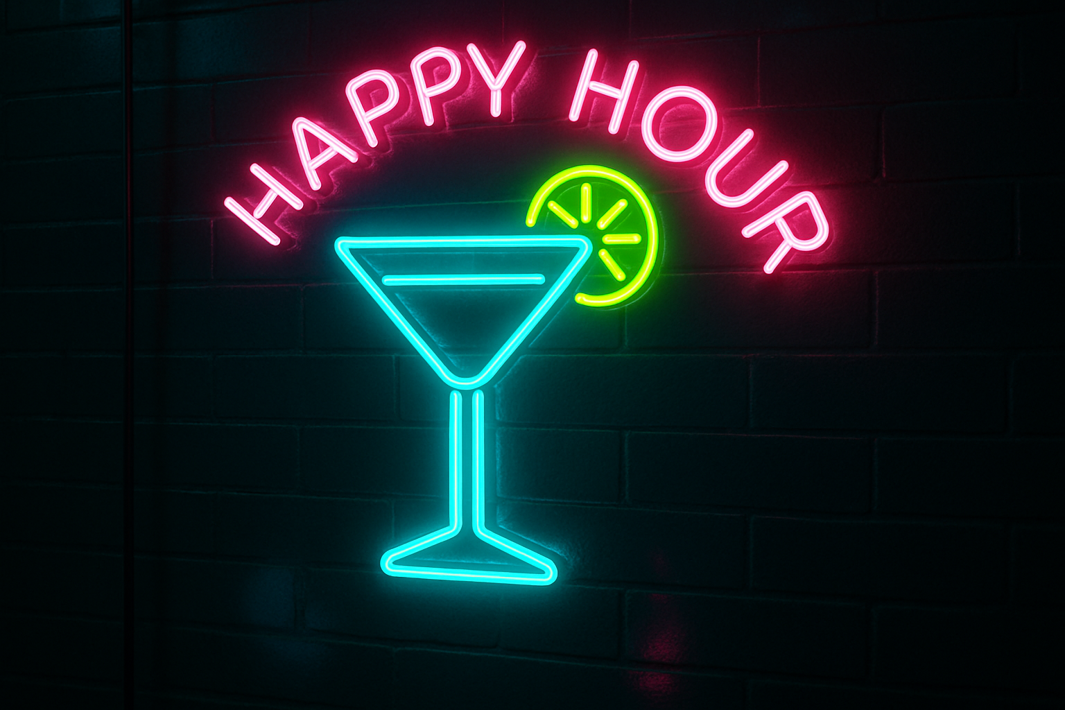 A vibrant neon sign featuring a glowing martini glass icon with a lime slice, paired with the text “HAPPY HOUR” in curved neon letters. The tubing glows in bright teal, lime green, and hot pink, with realistic reflections on the glass wall behind it. The overall vibe is fun, lively, and inviting — perfect for a trendy cocktail bar.
